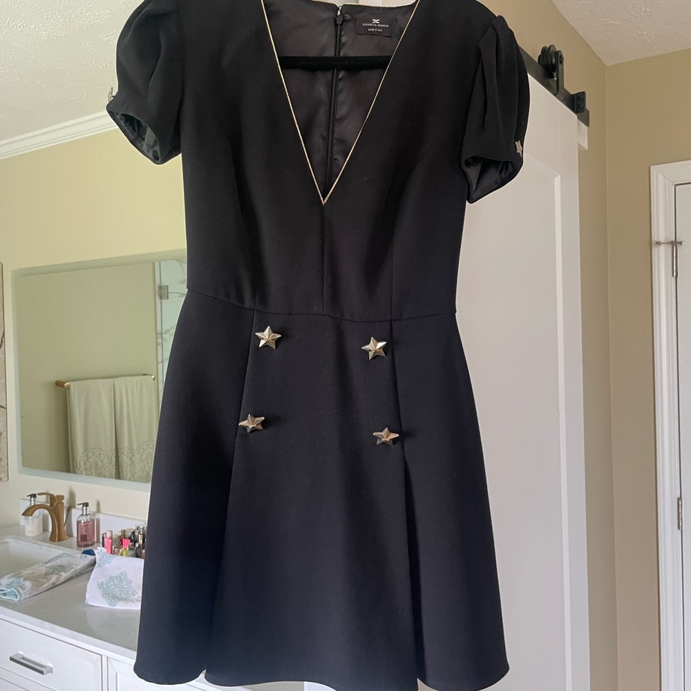 Elisabetta Franchi Black Mini Dress with Star Accents and puff sleeves.